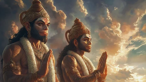 Twin Hanuman forms in reverent pose under radiant sky.