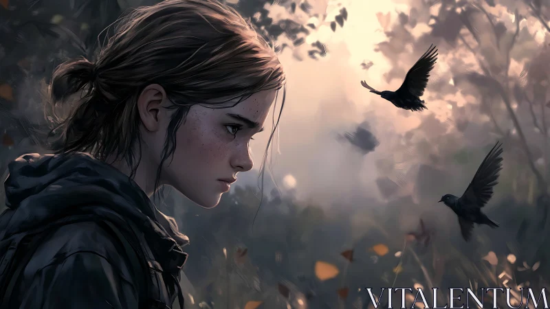 Young figure in forest clearing with birds in motion profile.