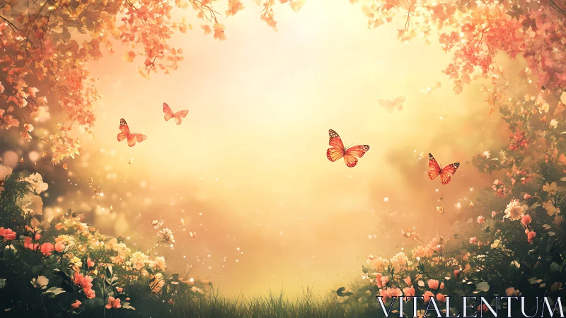 Sunlit butterflies drifting above a glowing floral sanctuary.