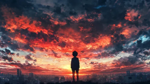Silhouetted youth watches a burning sunset above the city