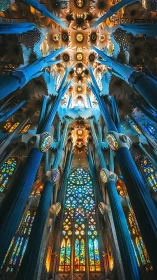Interior view of vaulted church ceiling and stained glass.