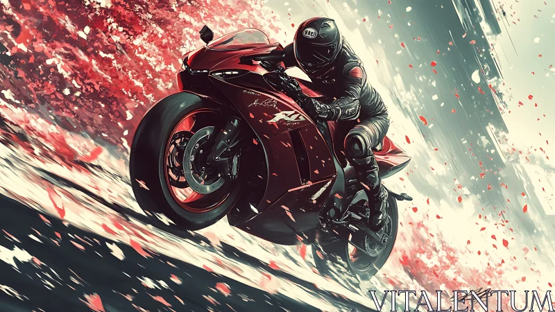 Motorcyclist leans into turn on red sport bike in stylized scene
