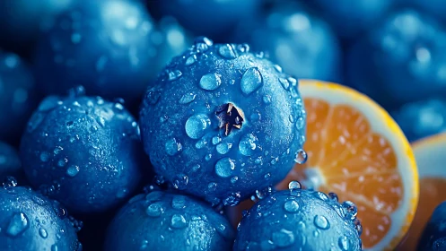 Macro study isolates dewy blueberries with citrus contrast