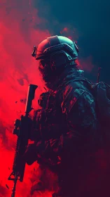 Tactical soldier silhouette in neon red and teal contrast.