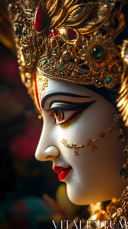Radiant goddess sculpture glowing with golden ornament detail.