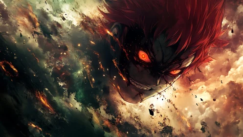 Demonic anime face erupts from fiery storm clouds.
