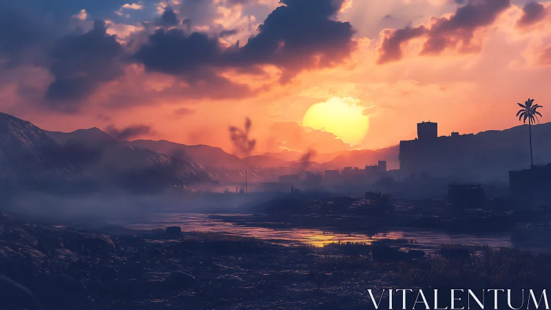 Digital painting sunset over misted river and distant cityscape.