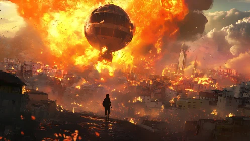 Spherical war machine detonates over burning high-density cityscape