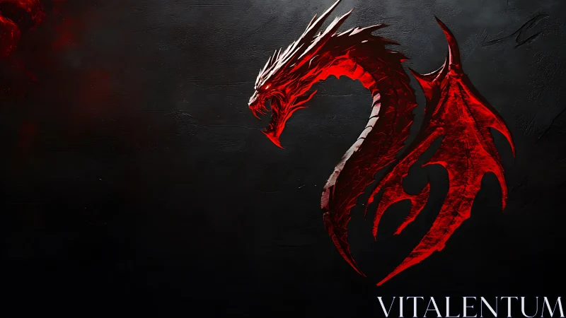 Crimson dragon emblem arcs in shadowed black void.