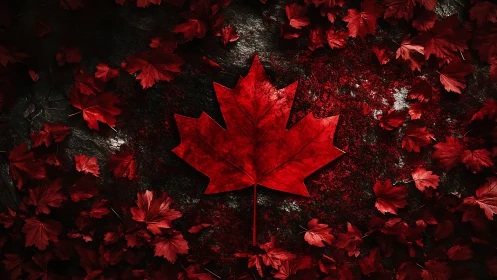 Crimson maple emblem glowing loud against storm-dark ground.