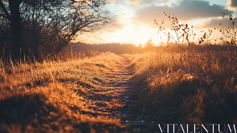 Sunlit country path glowing with warm golden hour light.