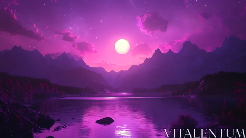 Ultraviolet-toned mountain lake under large central moon.