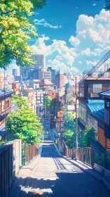 Steep urban slope with layered skyline and volumetric clouds.