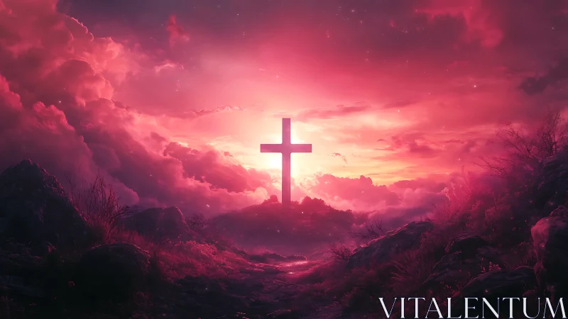 Radiant cross at dusk amid glowing crimson storm clouds.