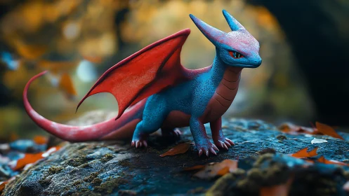 Tiny sapphire dragonling guards a mossy forest stone.