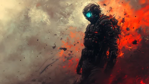 Ashwalker's Vigil: lone cyber soldier in emberstorm silence.