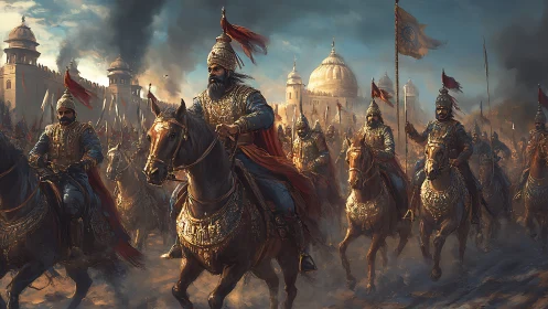 Armored cavalry charge before domed fortress under battle smoke