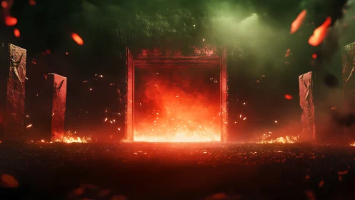 Rectangular fiery portal amid four standing stone pillars.