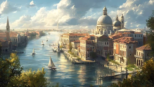 Sunlit Venetian canal with domes and sailing boats at dusk.