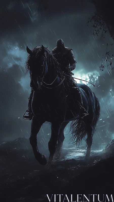 Dark rider advances through stormlit forest night.