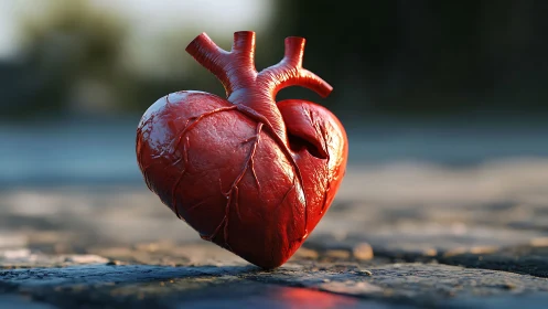Anatomical Human Heart Rendered Against Textured Ground Surface.