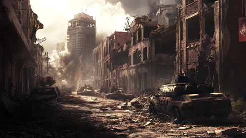 War-torn urban boulevard with armored vehicles and smoke plumes.