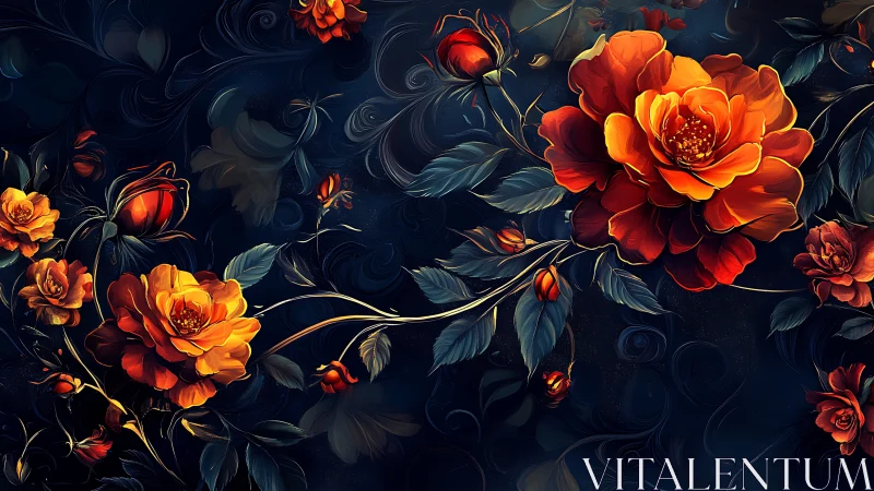 Red and Orange Flowers Against Dark Blue Swirling Background