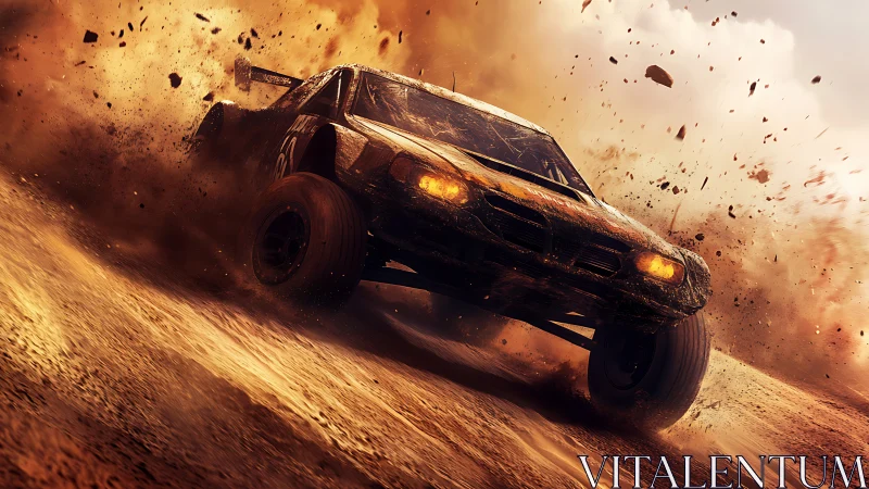 Off road rally car slams dirt, hurling dust and debris.