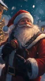 Joyful Santa under softly falling Christmas snow.