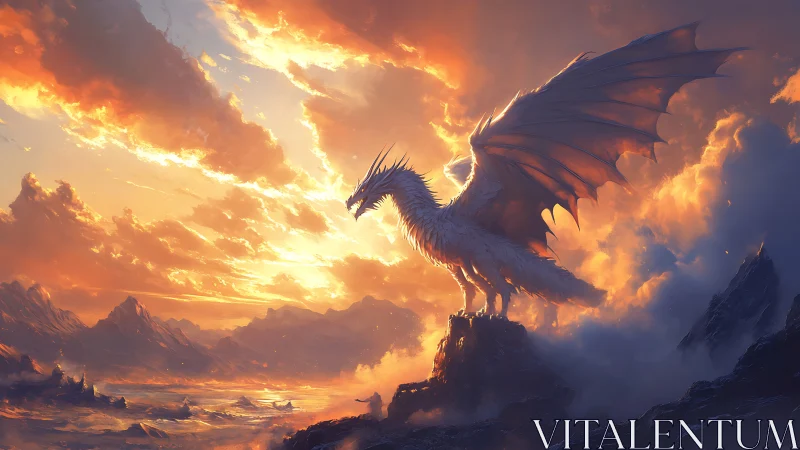 Winged dragon on rocky summit under illuminated sky.