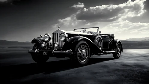 Photorealistic monochrome study of vintage luxury roadster.