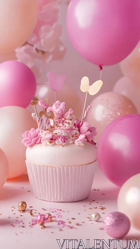 Whimsical Pink Celebration Cupcake Surrounded by Levitating Balloons