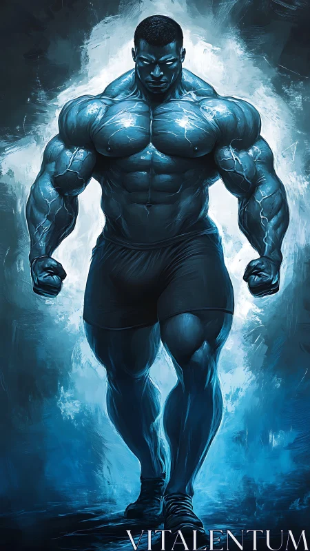 Electrified muscular titan strides through blue energy storm