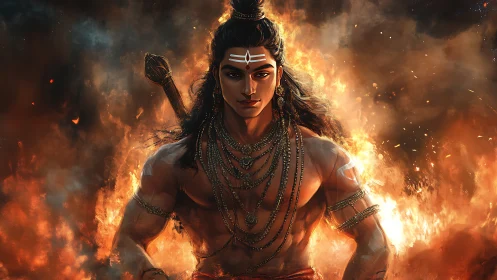 Fiery warrior deity stands amid blazing inferno with resolve.