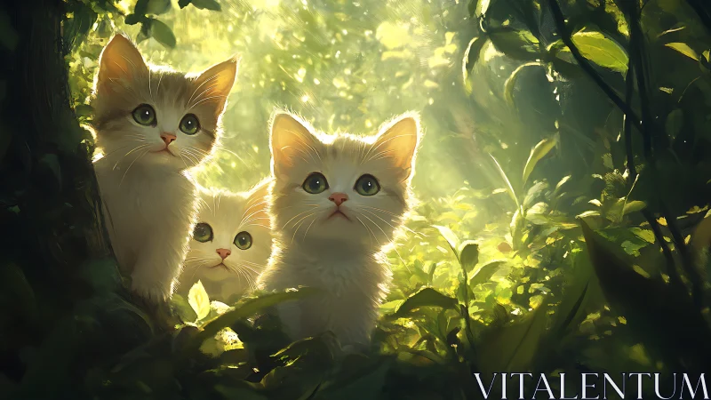 Three white kittens positioned among illuminated foliage with backlighting