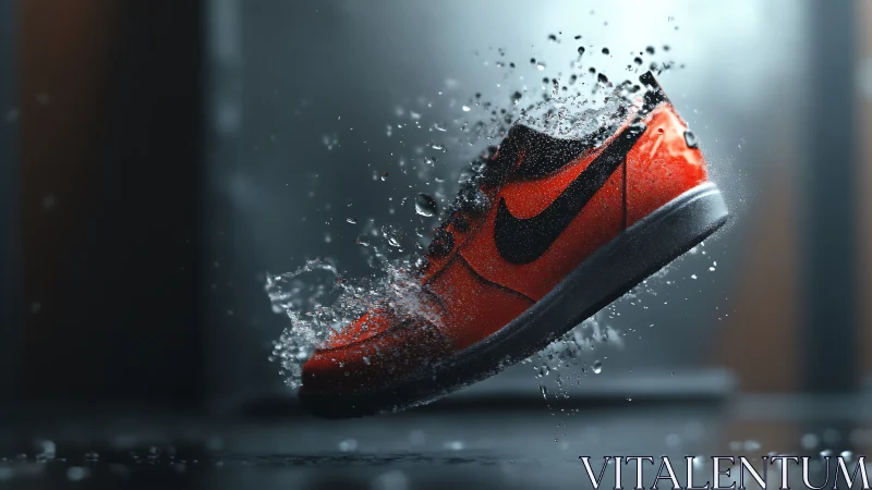 Dynamic orange sneaker in mid-air splash with cinematic light.