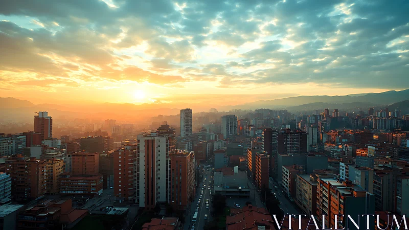 Sunlit urban skyline under dramatic layered cloud ceiling.