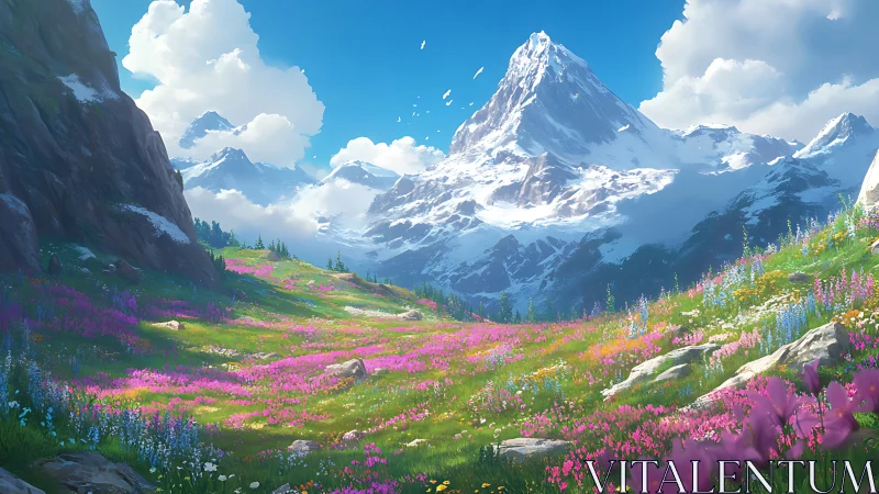 Snowcapped mountain rises above wildflower meadow valley