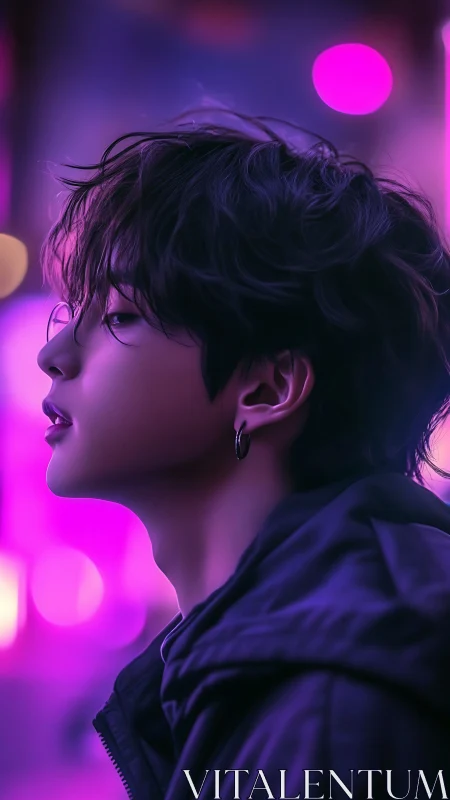 Neon-lit profile portrait in glowing magenta haze.