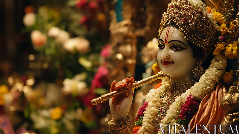 Hindu deity statue holds flute amid garlands and flowers