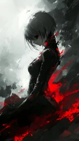 Side-lit anime figure in red-black abstraction with dynamic brushwork