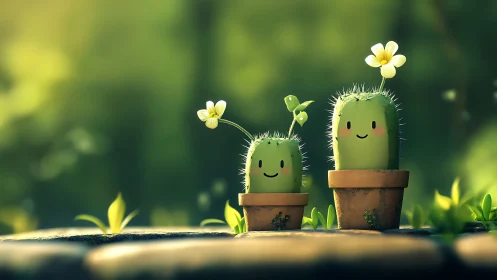 Whimsical chibi cacti trio in terracotta pots, soft bokeh garden