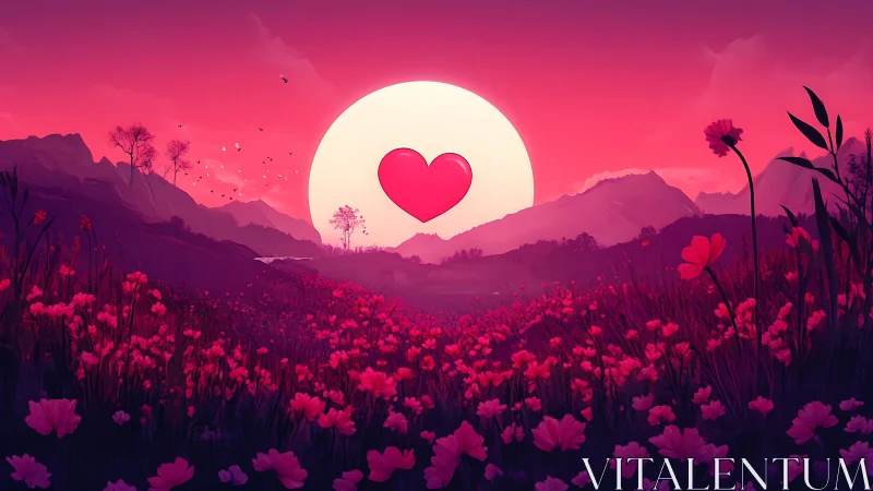 Illustrated landscape with heart symbol against full moon