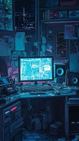 Cyberpunk hacker workstation with neon-lit urban nightscape.