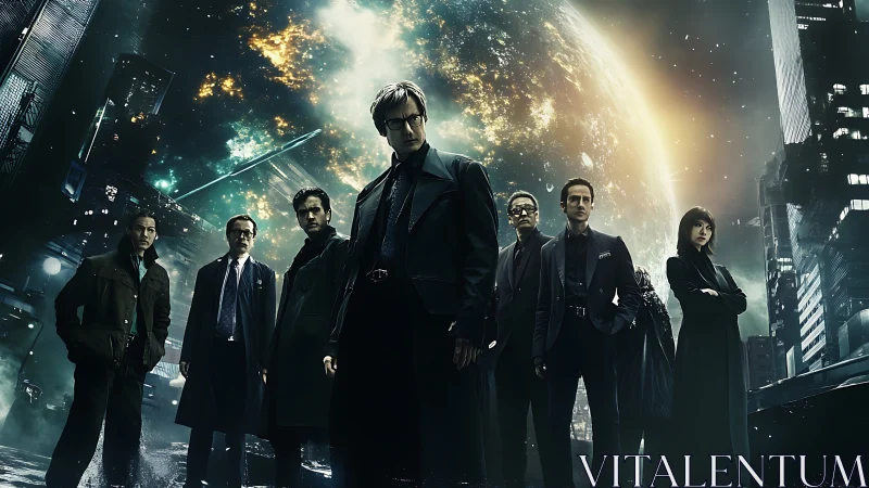 Corporate task force stands against burning planet in neon-lit city