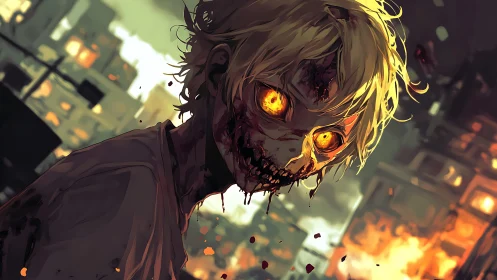 Golden-eyed revenant grins through firelit urban ruins