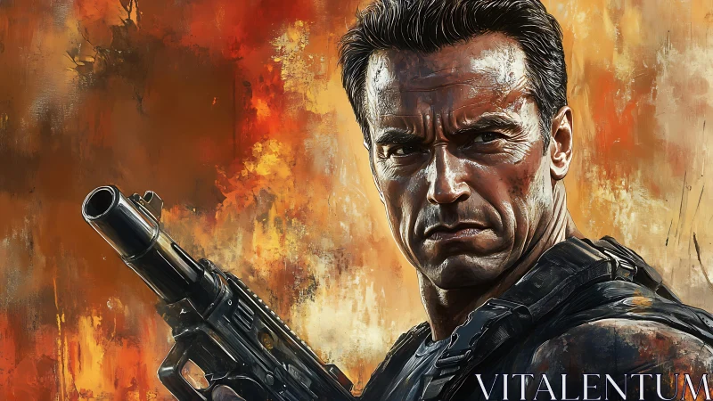 Armed soldier stares forward against burning abstract backdrop