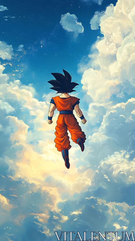Saiyan warrior ascends through luminous painted sky.
