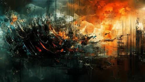 Fiery abstract skyline drifts through stormy teal shadows