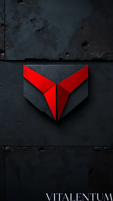 3D red angular emblem on dark industrial textured panel.